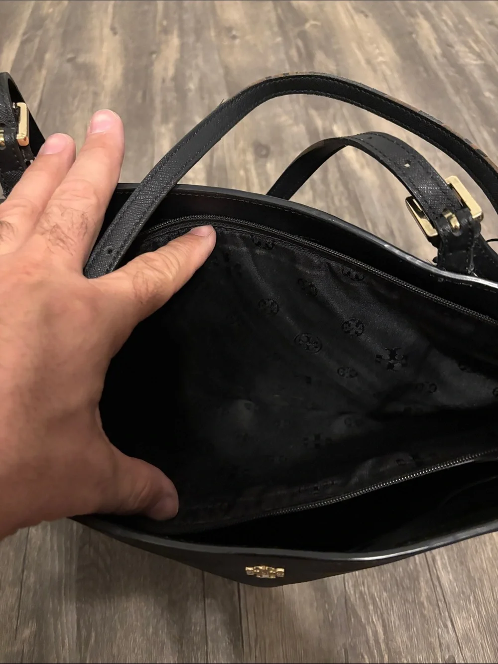 Tory Burch Black Saffiano Tote with Gold Logo